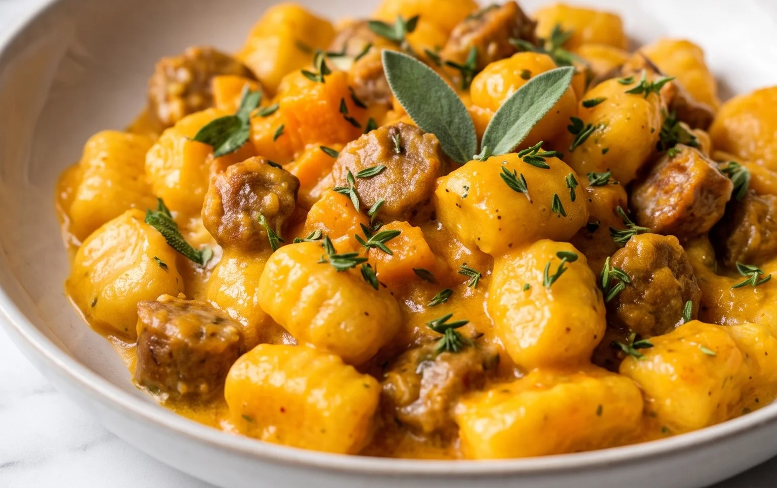 Creamy Butternut Squash Gnocchi with Sausage, Thyme, and Sage